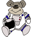 Teddy bear in white spacesuit