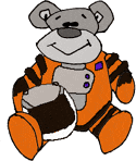 Teddy bear in orange spacesuit